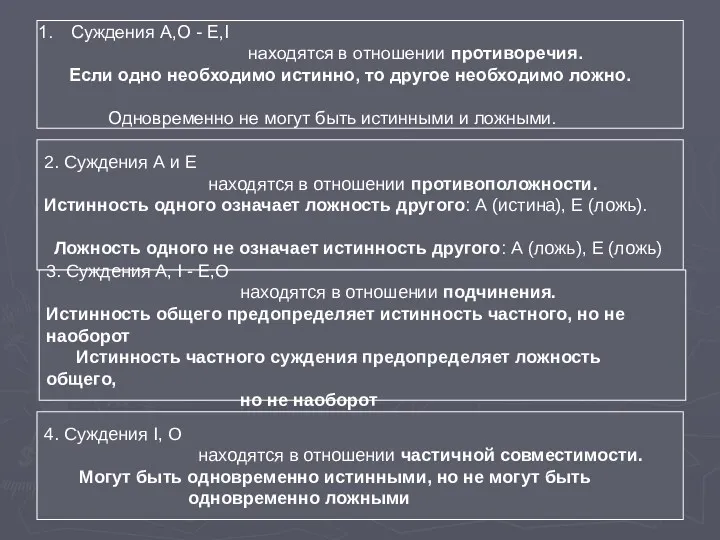 Суждения А,О - Е,I находятся в отношении противоречия. Если одно