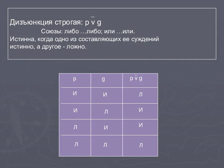 Дизъюнкция строгая: p v g Союзы: либо …либо; или …или.