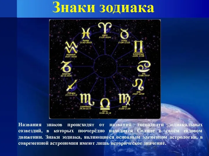 Знаки зодиака Названия знаков происходят от названий двенадцати зодиакальных созвездий,