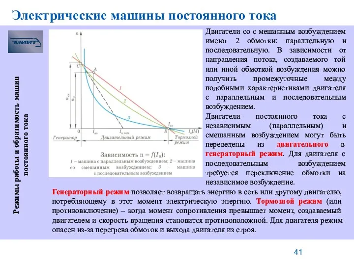 Электрические машины постоянного тока Режимы работы и обратимость машин постоянного