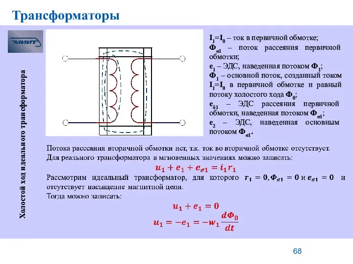 Трансформаторы Холостой ход идеального трансформатора I1=I0 – ток в первичной