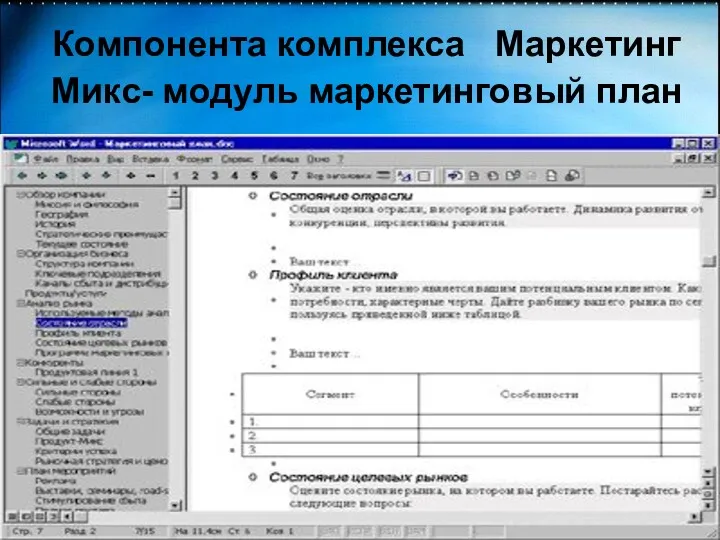 Компонента комплекса Маркетинг Микс- модуль маркетинговый план