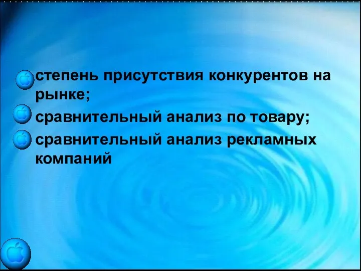 степень присутствия конкурентов на рынке; сравнительный анализ по товару; сравнительный анализ рекламных компаний