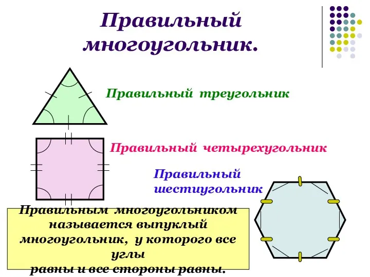 Правильный многоугольник. Правильный треугольник Правильный четырехугольник Правильный шестиугольник Правильным многоугольником