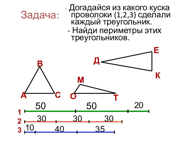 Задача: - Догадайся из какого куска проволоки (1,2,3) сделали каждый треугольник. - Найди