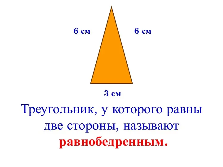 Треугольник, у которого равны две стороны, называют равнобедренным. 6 см 6 см 3 см