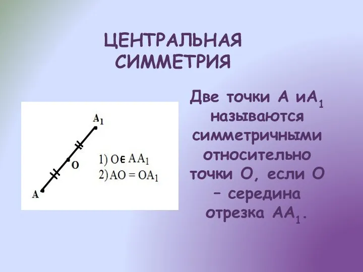 ЦЕНТРАЛЬНАЯ СИММЕТРИЯ Две точки A иA1 называются симметричными относительно точки