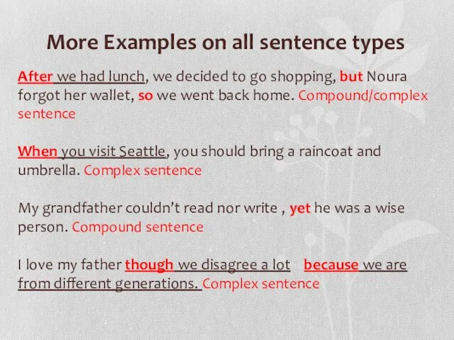More Examples on all sentence types After we had lunch, we decided to