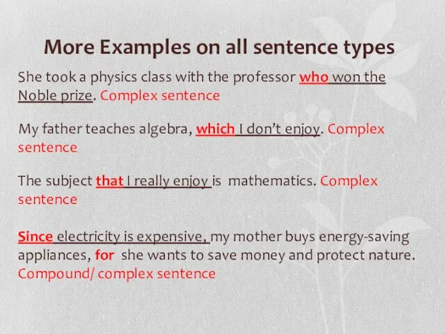 More Examples on all sentence types She took a physics class with the