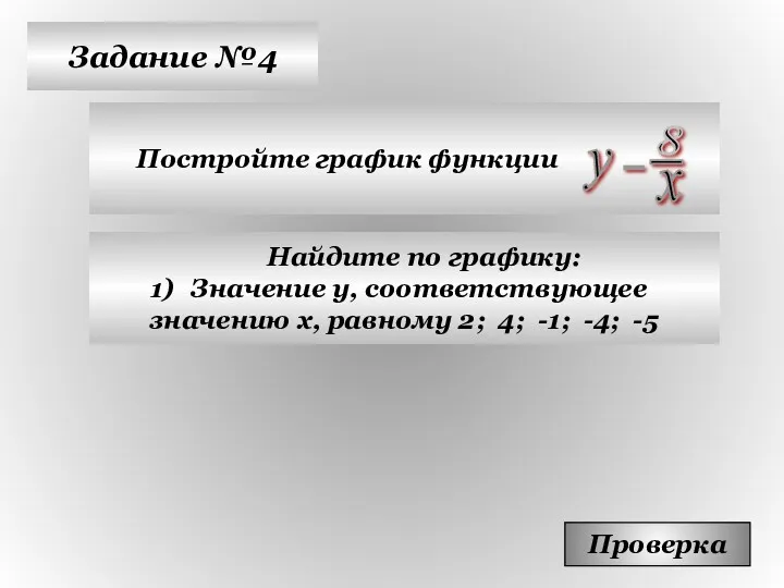 Задание №4 Постройте график функции Проверка Найдите по графику: Значение