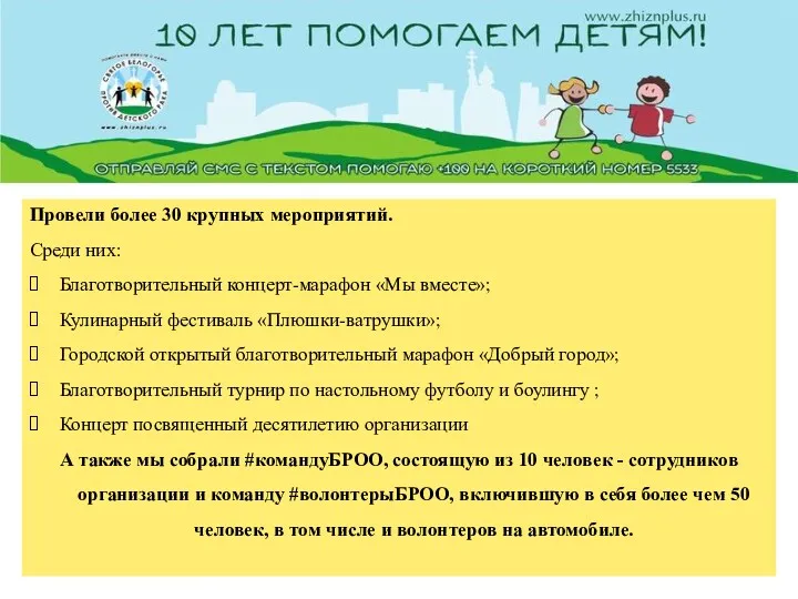 Провели более 30 крупных мероприятий. Среди них: Благотворительный концерт-марафон «Мы