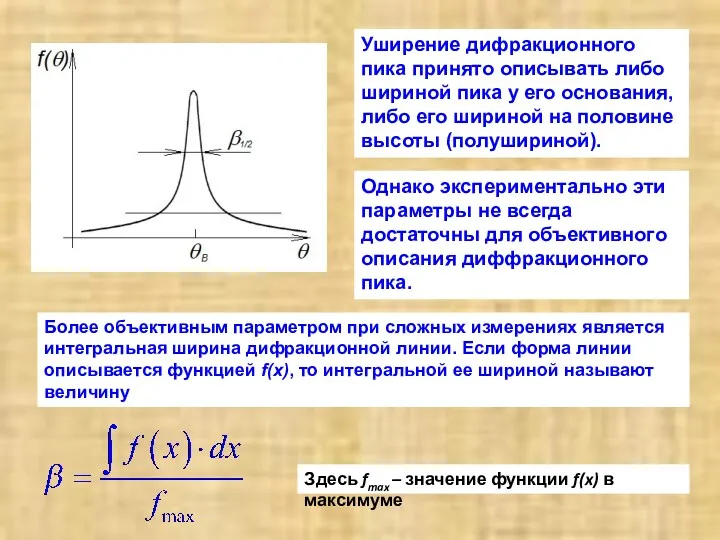 Уширение дифракционного пика принято описывать либо шириной пика у его