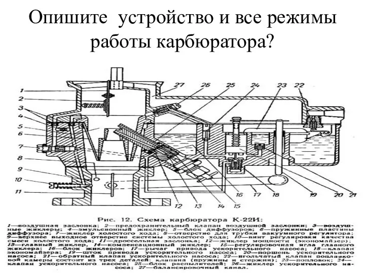 Опишите устройство и все режимы работы карбюратора?