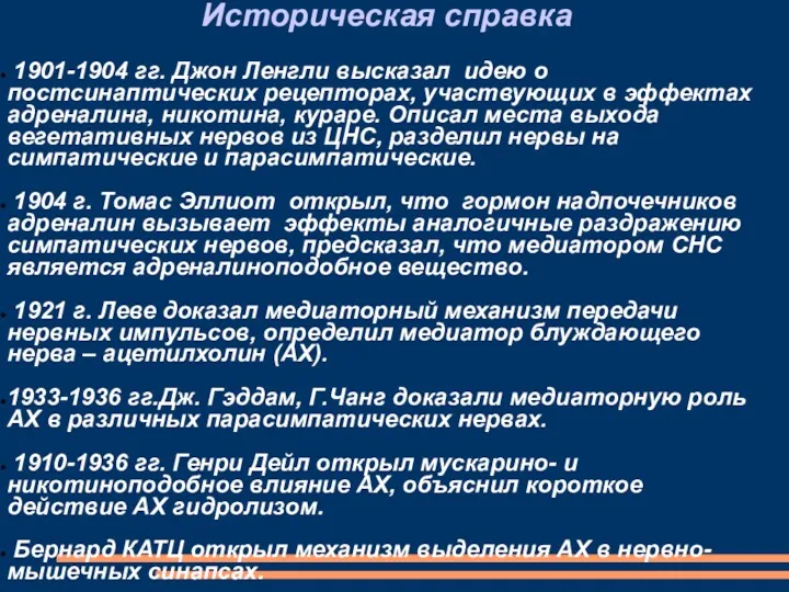 Историческая справка 1901-1904 гг. Джон Ленгли высказал идею о постсинаптических