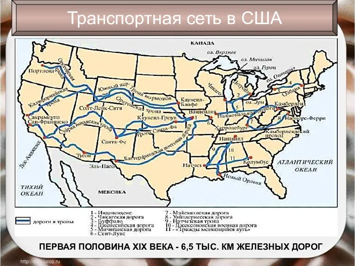 Транспортная сеть в США ПЕРВАЯ ПОЛОВИНА XIX ВЕКА - 6,5 ТЫС. КМ ЖЕЛЕЗНЫХ ДОРОГ