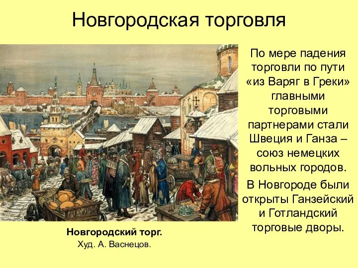 Новгородская торговля По мере падения торговли по пути «из Варяг