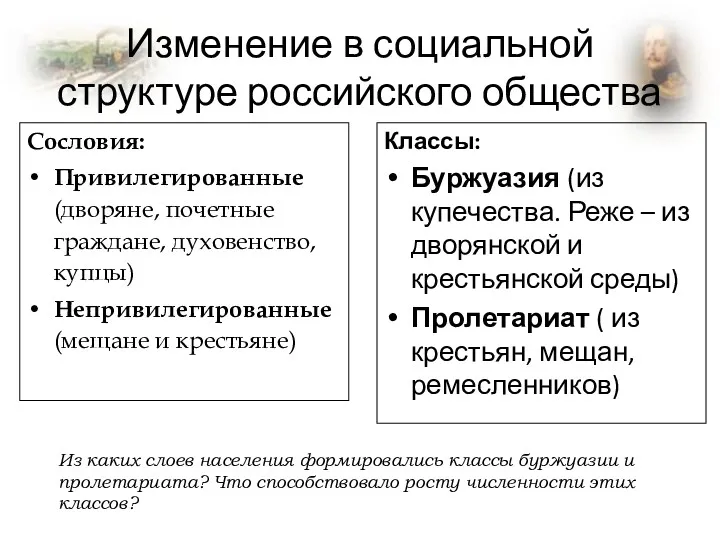 Изменение в социальной структуре российского общества Сословия: Привилегированные (дворяне, почетные