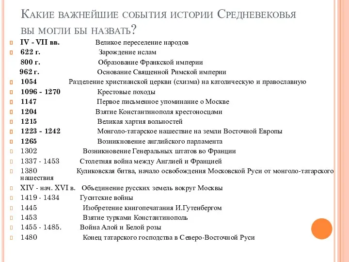 Какие важнейшие события истории Средневековья вы могли бы назвать? IV