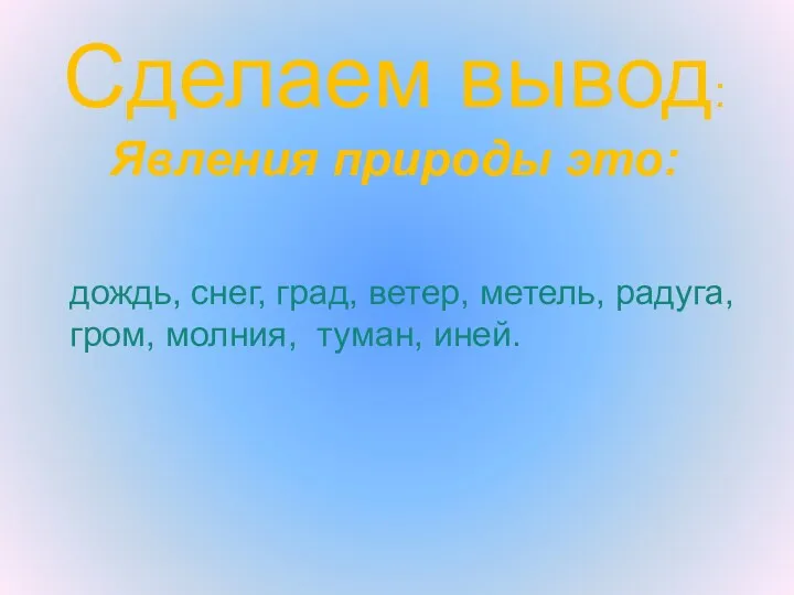 Сделаем вывод: Явления природы это: дождь, снег, град, ветер, метель, радуга, гром, молния, туман, иней.