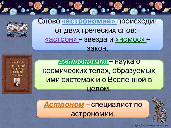 Слово «астрономия» происходит от двух греческих слов: - «астрон» –