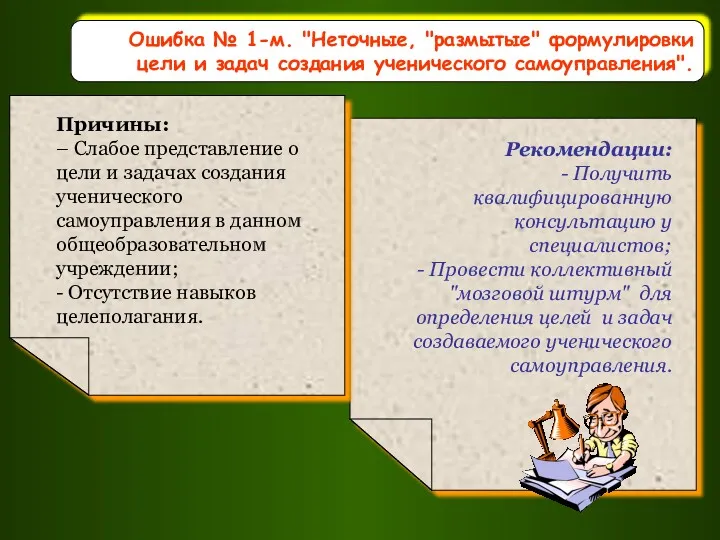 Ошибка № 1-м. "Неточные, "размытые" формулировки цели и задач создания ученического самоуправления".