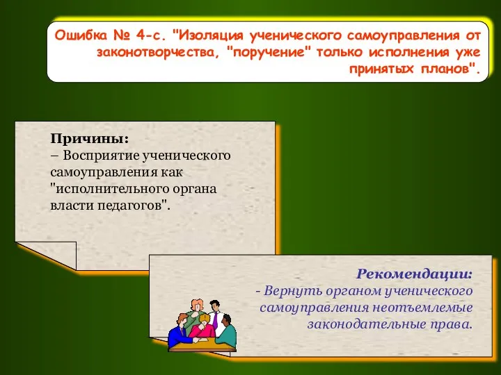 Ошибка № 4-с. "Изоляция ученического самоуправления от законотворчества, "поручение" только исполнения уже принятых планов".