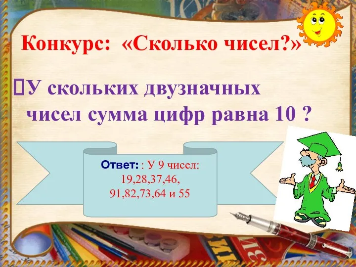 Конкурс: «Сколько чисел?» У скольких двузначных чисел сумма цифр равна