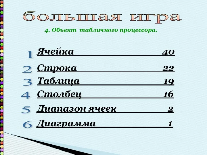 большая игра 1 2 3 4 5 6 Ячейка 40