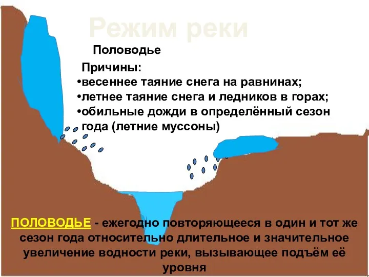 Режим реки Половодье Причины: весеннее таяние снега на равнинах; летнее