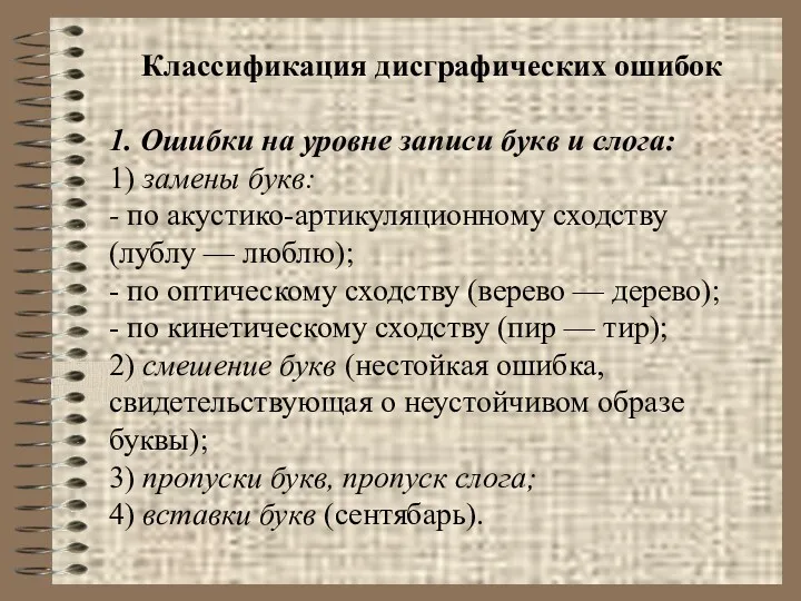 Классификация дисграфических ошибок 1. Ошибки на уровне записи букв и