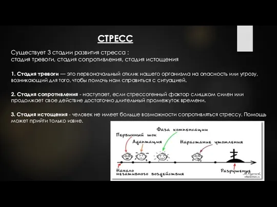 СТРЕСС Существует 3 стадии развития стресса : стадия тревоги, стадия