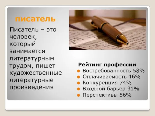 писатель Писатель – это человек, который занимается литературным трудом, пишет