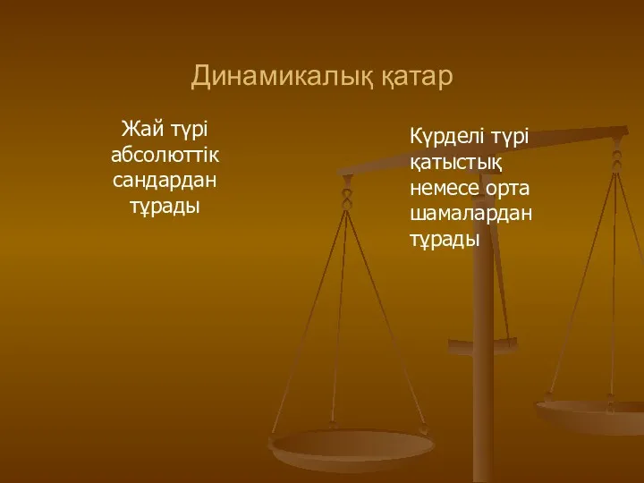 Динамикалық қатар Жай түрі абсолюттік сандардан тұрады Күрделі түрі қатыстық немесе орта шамалардан тұрады