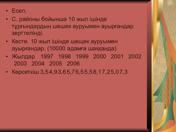 Есеп. С. районы бойынша 10 жыл ішінде тұрғындардың шешек ауруымен ауырғандар зерттелінді. Кесте.