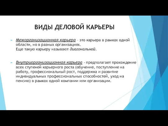 ВИДЫ ДЕЛОВОЙ КАРЬЕРЫ Межорганизационная карьера – это карьера в рамках