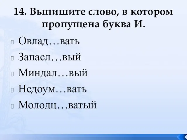 14. Выпишите слово, в котором пропущена буква И. Овлад…вать Запасл…вый Миндал…вый Недоум…вать Молодц…ватый