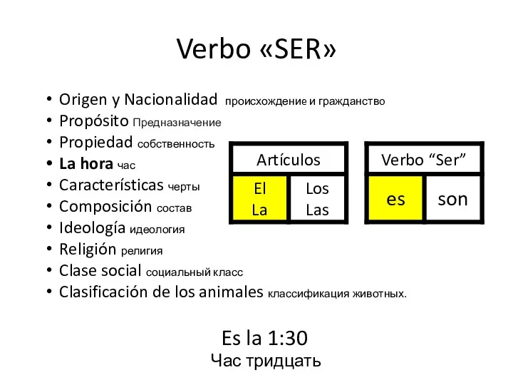 Verbo «SER» Origen y Nacionalidad происхождениe и гражданствo Propósito Предназначение