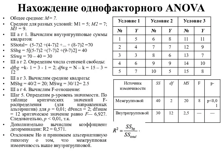 Нахождение однофакторного ANOVA Общее среднее: М= 7. Среднее для разных