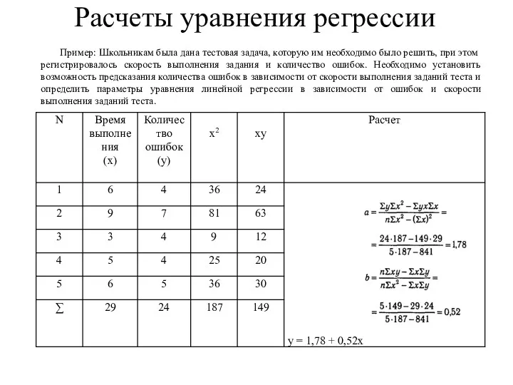 Расчеты уравнения регрессии Пример: Школьникам была дана тестовая задача, которую