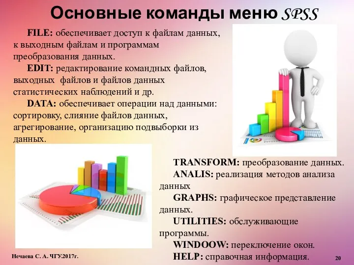 Основные команды меню SPSS Нечаева С. А. ЧГУ.2017г. FILE: обеспечивает