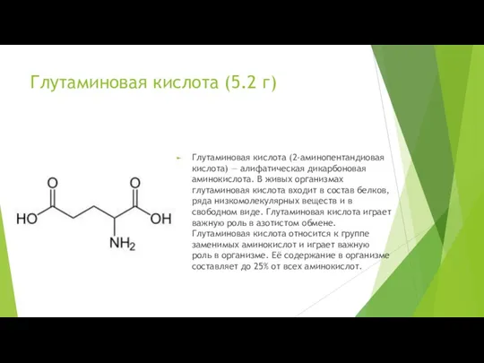 Глутаминовая кислота (5.2 г) Глутаминовая кислота (2-аминопентандиовая кислота) — алифатическая