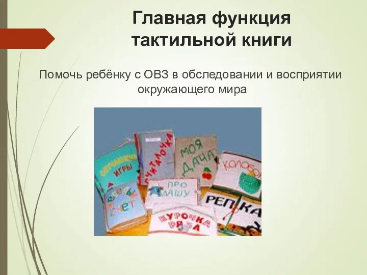 Главная функция тактильной книги Помочь ребёнку с ОВЗ в обследовании и восприятии окружающего мира