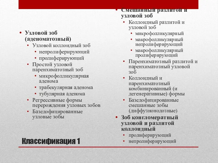 Классификация 1 Узловой зоб (аденоматозный) Узловой коллоидный зоб непролиферирующий пролиферирующий