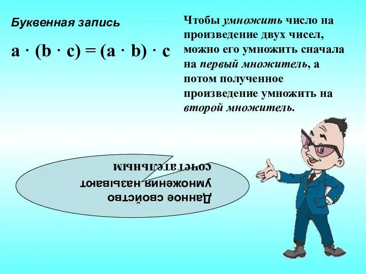 Данное свойство умножения называют сочетательным Буквенная запись a · (b