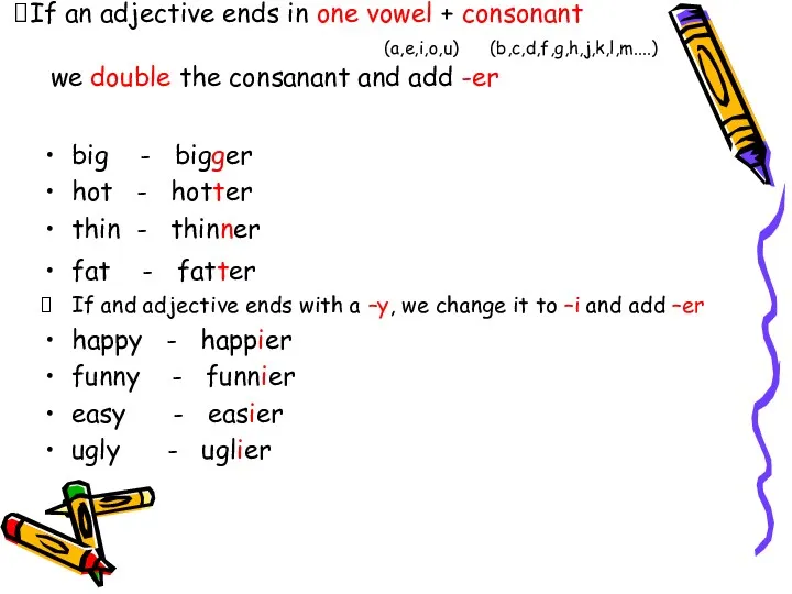 If an adjective ends in one vowel + consonant (a,e,i,o,u)