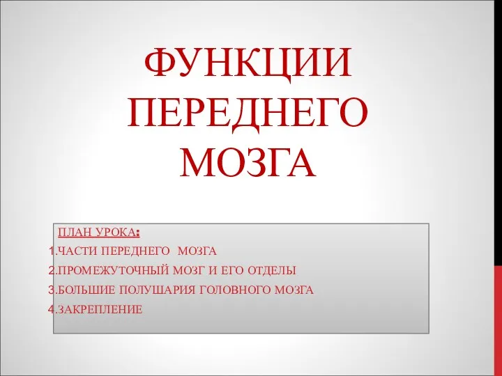 ФУНКЦИИ ПЕРЕДНЕГО МОЗГА ПЛАН УРОКА: ЧАСТИ ПЕРЕДНЕГО МОЗГА ПРОМЕЖУТОЧНЫЙ МОЗГ И ЕГО ОТДЕЛЫ