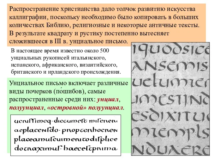 Унциальное письмо включает различные виды почерков (по́шибов), самые распространенные среди