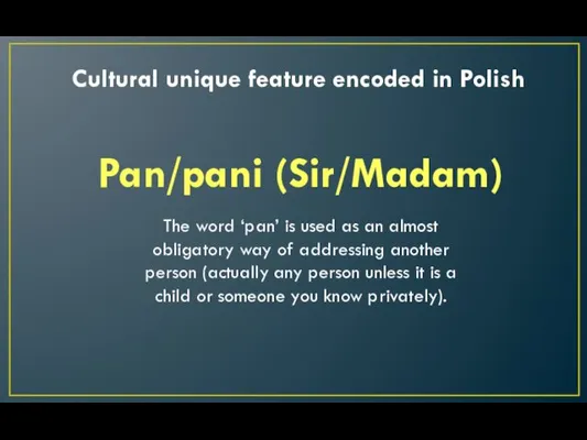 Cultural unique feature encoded in Polish Pan/pani (Sir/Madam) The word