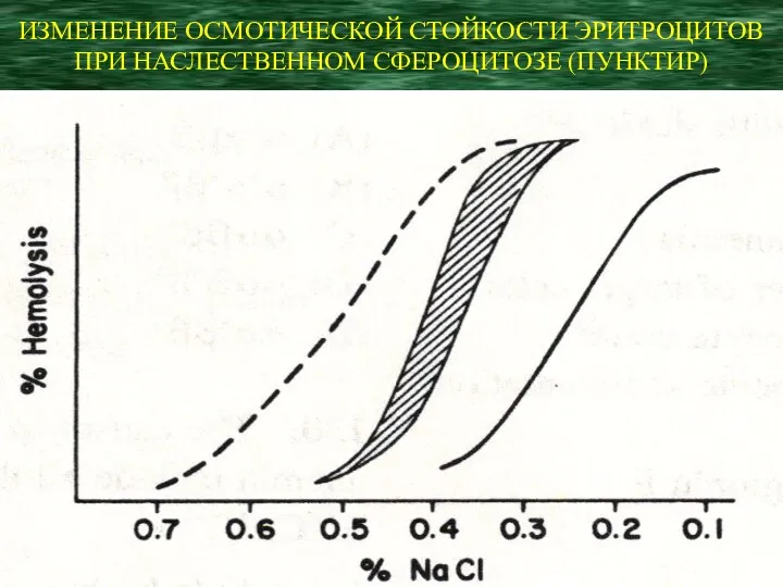 ИЗМЕНЕНИЕ ОСМОТИЧЕСКОЙ СТОЙКОСТИ ЭРИТРОЦИТОВ ПРИ НАСЛЕСТВЕННОМ СФЕРОЦИТОЗЕ (ПУНКТИР)