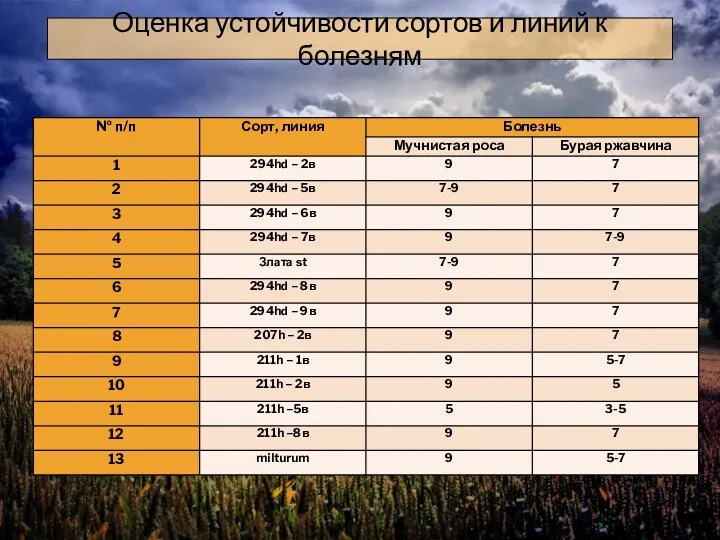 Оценка устойчивости сортов и линий к болезням